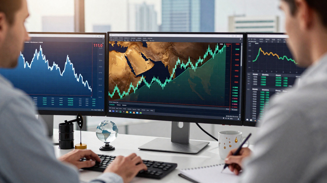 Duas pessoas analisando gráficos financeiros em três monitores com mapa de países e dados econômicos.