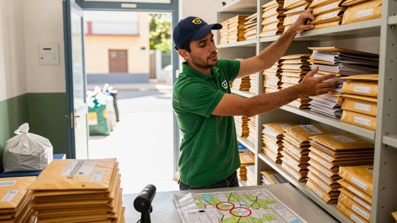 Entregador organizando envelopes marrons em prateleiras dentro de agência de correios, com mapas sobre bancada.