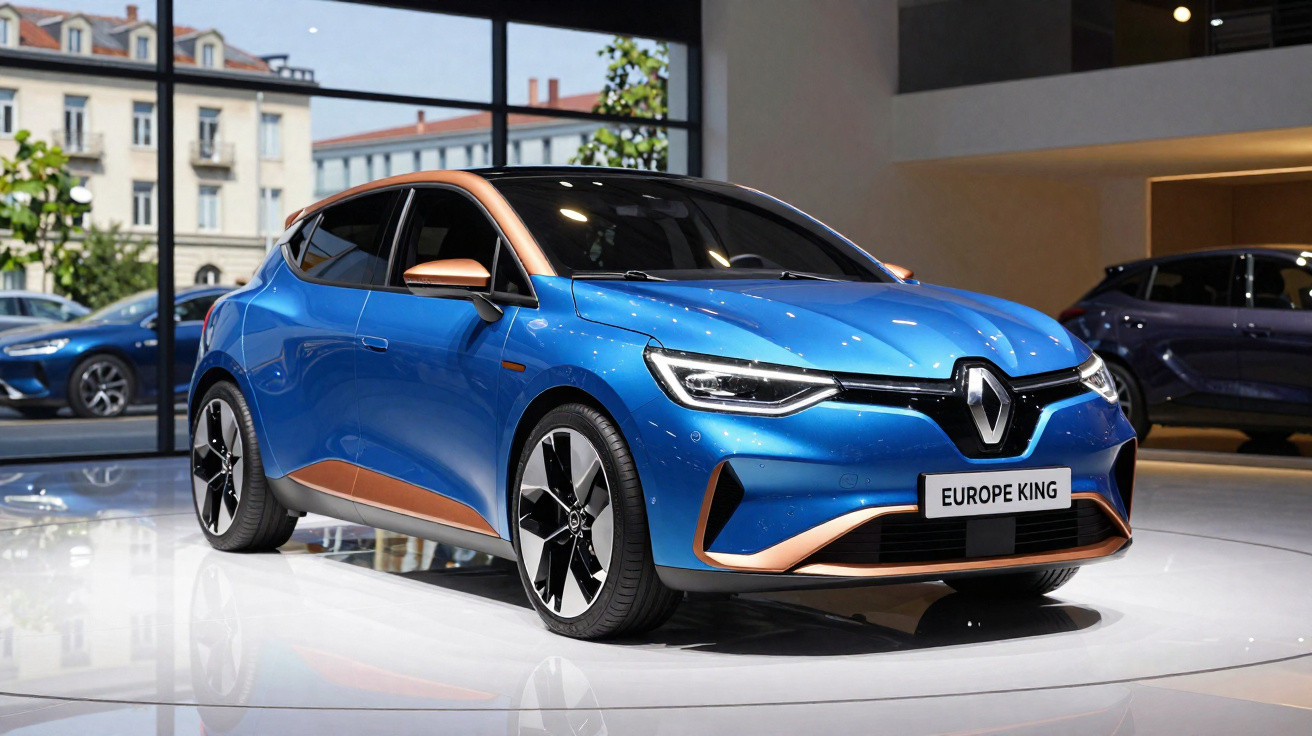 Carro elétrico Renault Europe King azul com detalhes dourados em exposição em showroom moderno.
