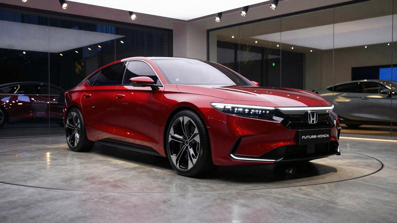 Carro sedan vermelho Honda Future em exposição com iluminação moderna e reflexos no chão.