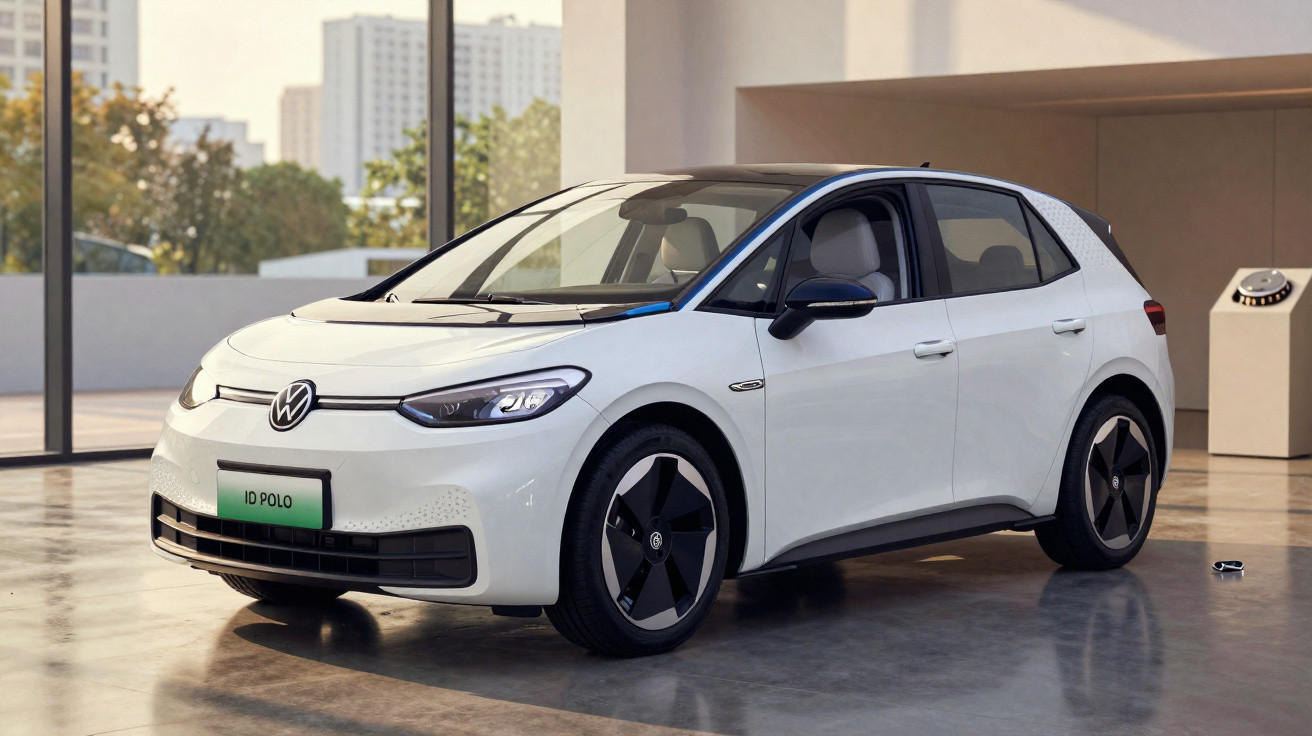 Carro elétrico Volkswagen ID. Polo branco estacionado em ambiente interno com piso refletivo.