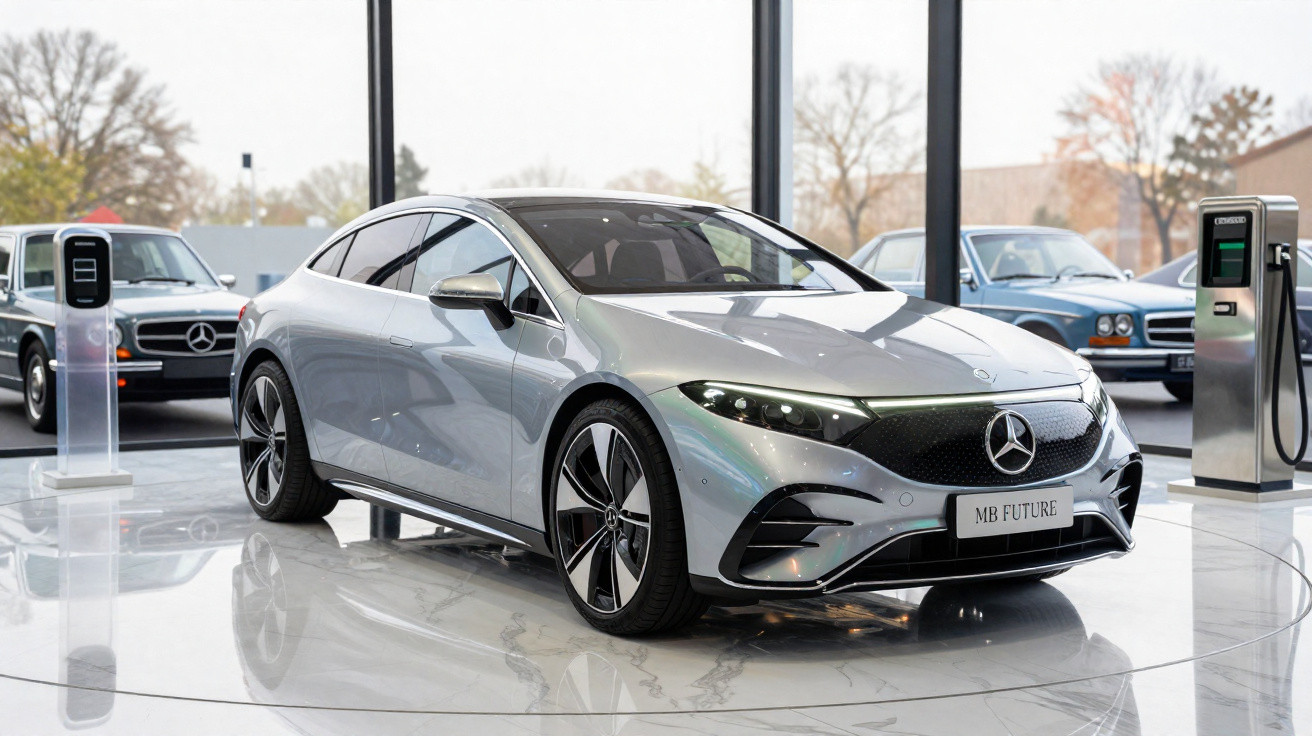 Carro elétrico prata Mercedes-Benz MB Future exibido em loja moderna com carros clássicos ao fundo.