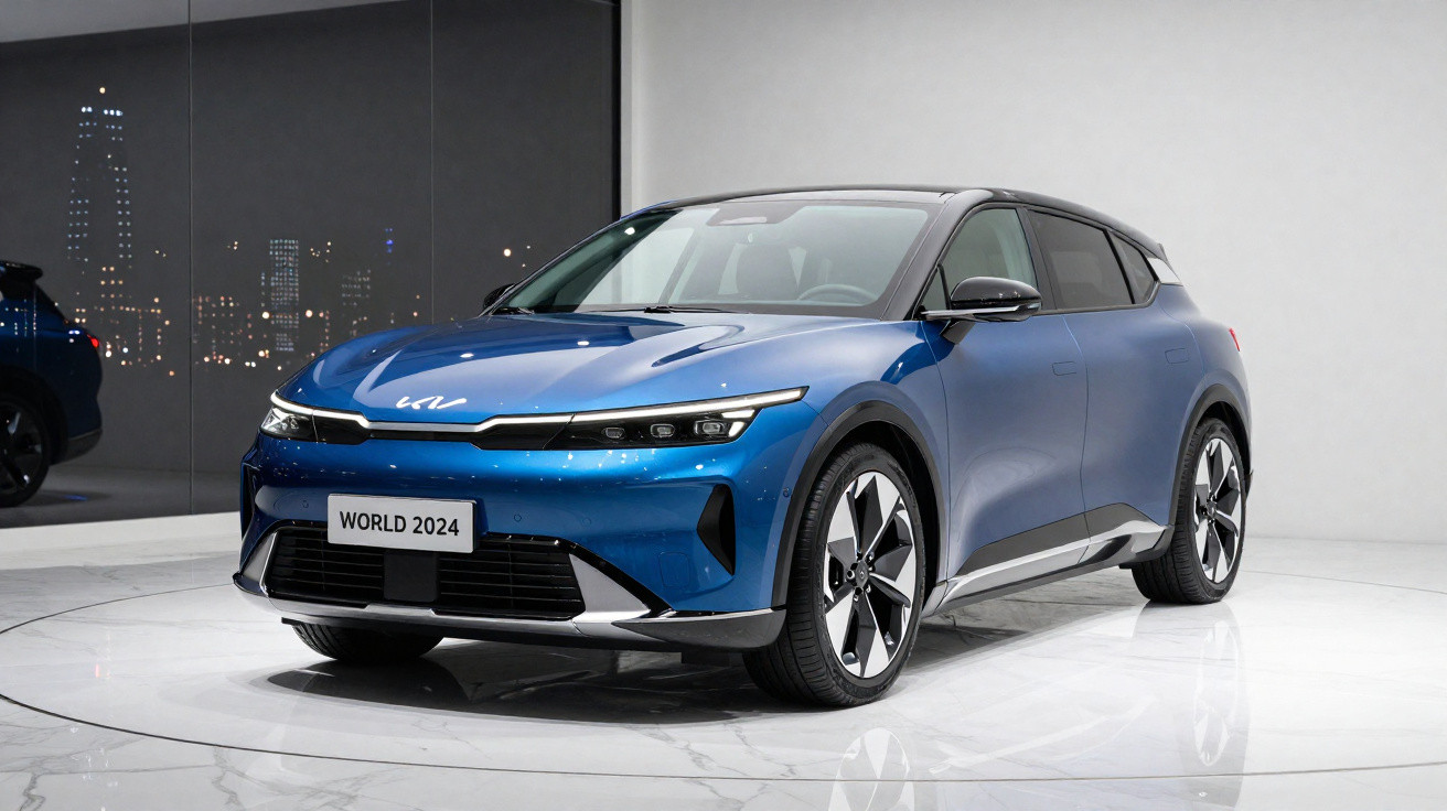 Carro elétrico azul Kia EV6 2024 em exposição, vista frontal em ambiente interno moderno.