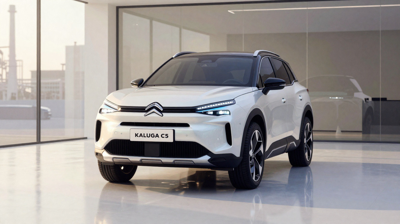 SUV branco Citroën Kaluga C5 estacionado em showroom moderno com paredes de vidro.