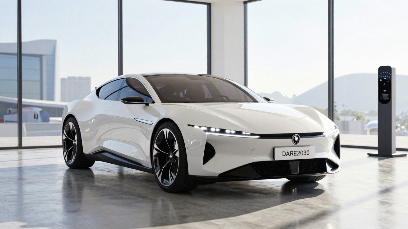 Carro elétrico esportivo branco moderno em showroom com janela grande e estação de recarga ao fundo.