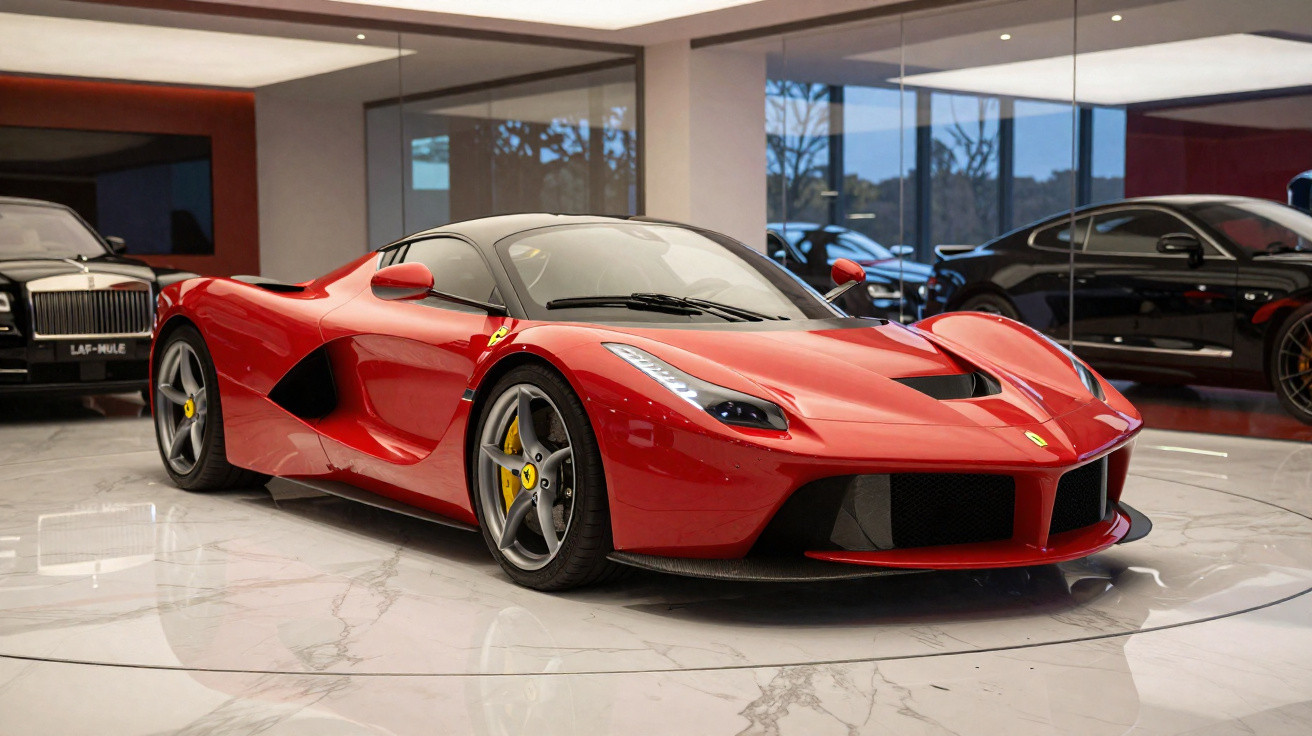 Carro esportivo vermelho Ferrari estacionado em showroom com piso de mármore e carros ao fundo.