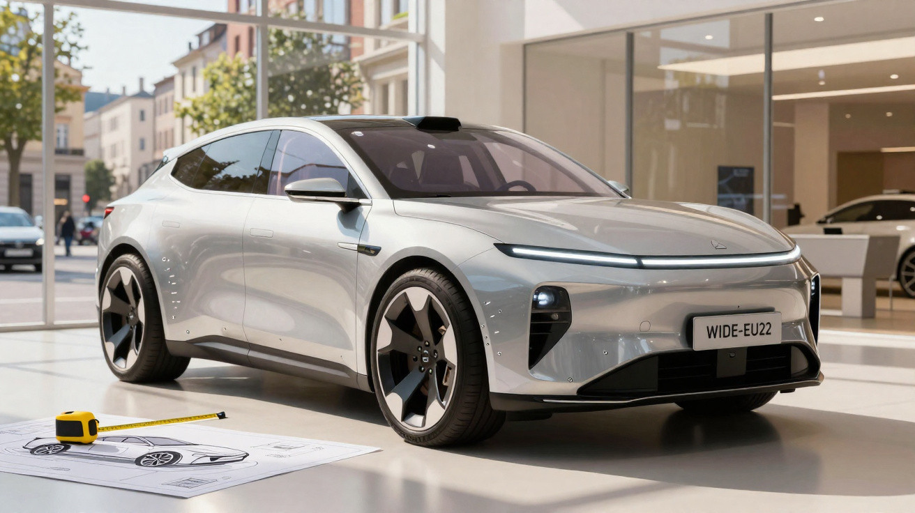 Carro elétrico cinza moderno estacionado em estúdio com planta baixa e trena ao lado.