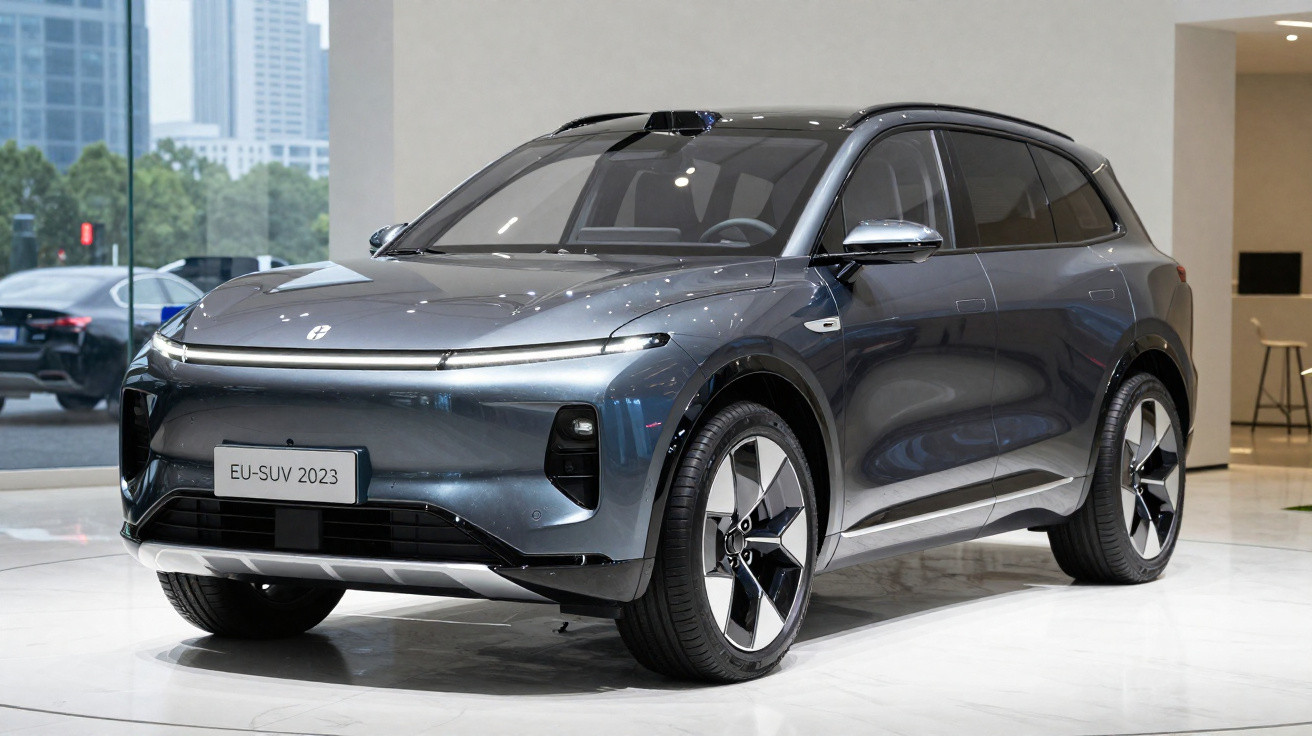 SUV cinza metálico exibido em showroom com design moderno e faróis de LED finos, modelo EU-SUV 2023.