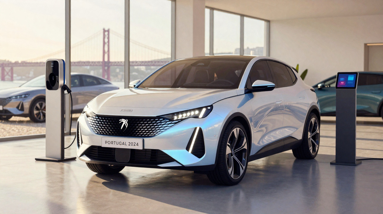 Carro elétrico branco estacionado em estação de recarga com paisagem urbana ao fundo e placa Portugal 2024