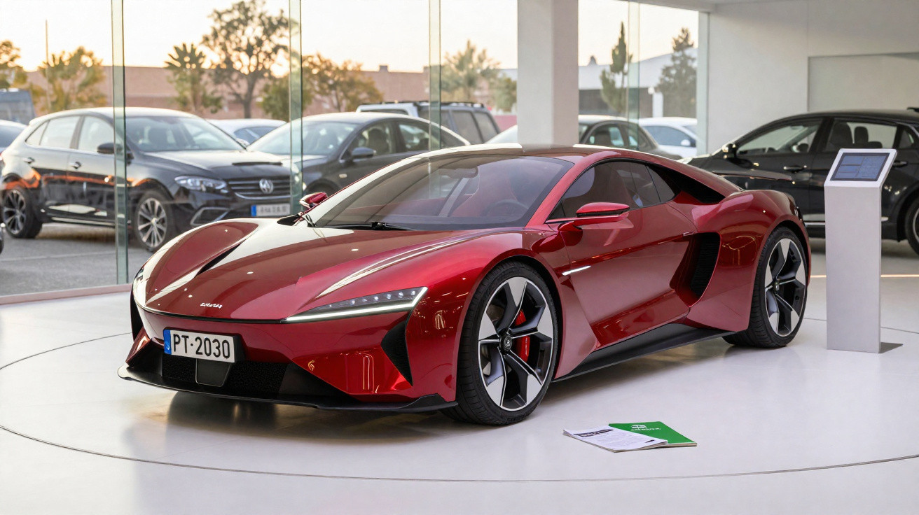 Carro esportivo vermelho brilhante exposto em showroom moderno com paredes de vidro.