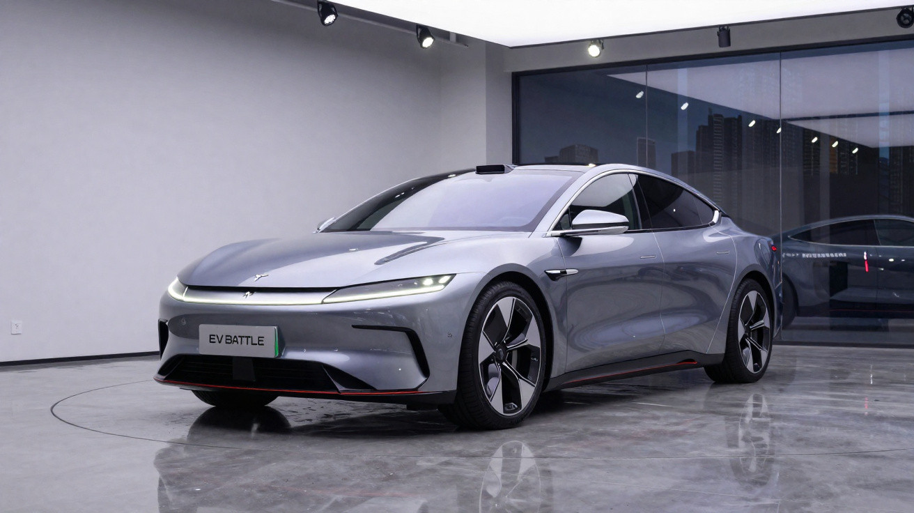 Carro elétrico cinza Pronto EV Battle estacionado em showroom moderno com piso refletivo e paredes brancas.