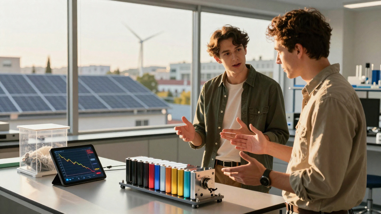 Dois homens discutem sobre dispositivos coloridos em laboratório com painel solar e turbina eólica ao fundo.