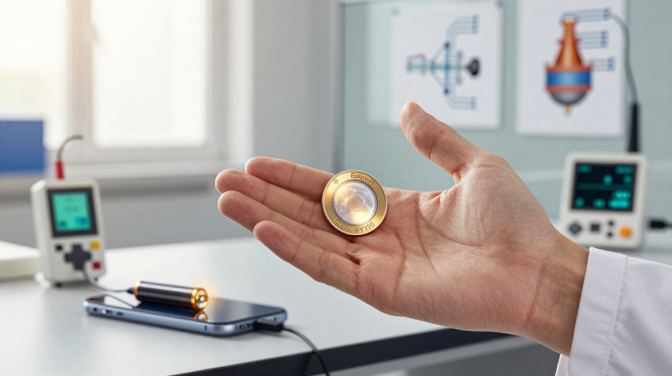 Mão segura pequeno dispositivo eletrônico circular em laboratório com equipamentos e gráfico técnico ao fundo.