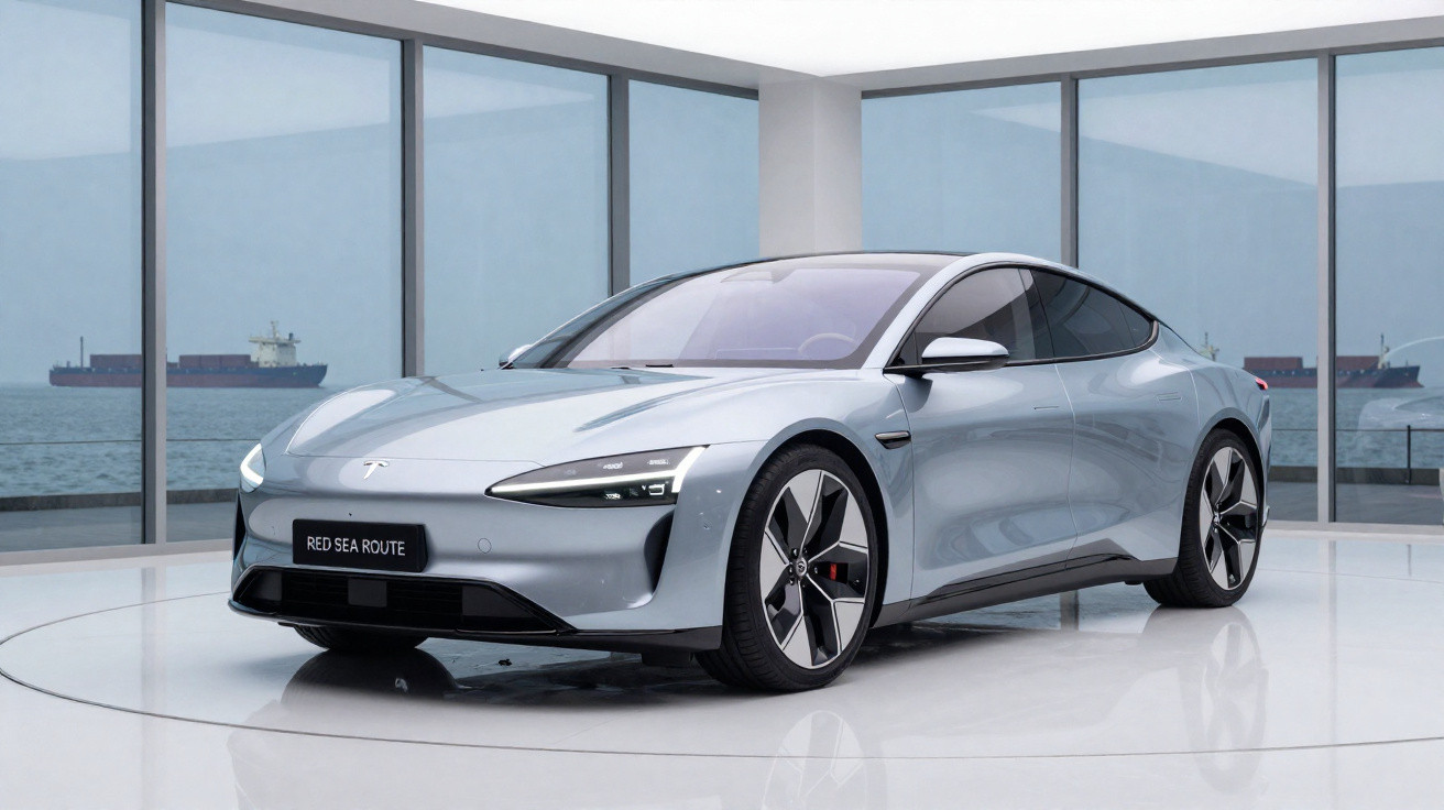 Carro elétrico cinza Tesla estacionado em showroom moderno com janelas de vidro e vista para o mar.