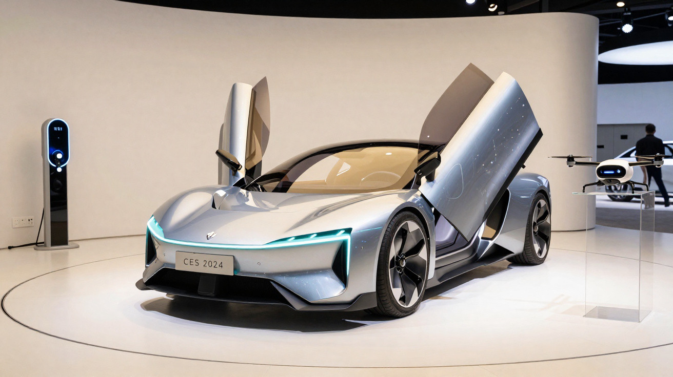 Carro esportivo elétrico prata com portas abertas estilo tesoura em exposição futurista na CES 2024.