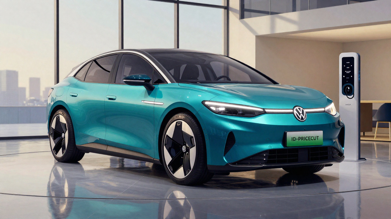 Carro elétrico azul Volkswagen ID com design moderno estacionado próximo a uma estação de recarga.