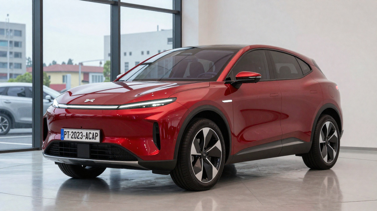 Carro elétrico esportivo vermelho estacionado em ambiente interno com grandes janelas ao fundo.