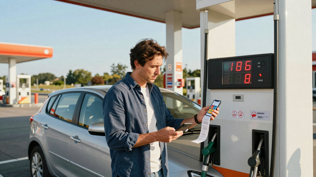 Homem conferindo recibo e celular ao abastecer carro prata em posto de gasolina ao ar livre.