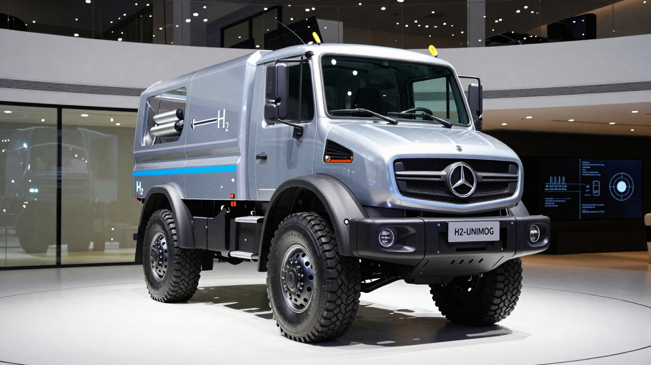 Caminhão Mercedes-Benz H2-Unimog prata exposto em ambiente interno moderno com iluminação branca.
