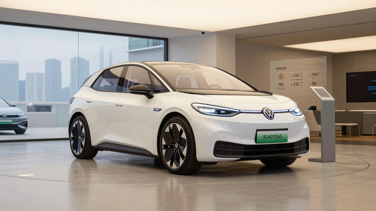 Carro elétrico branco Volkswagen ID.3 exposto em showroom moderno com fundo urbano.