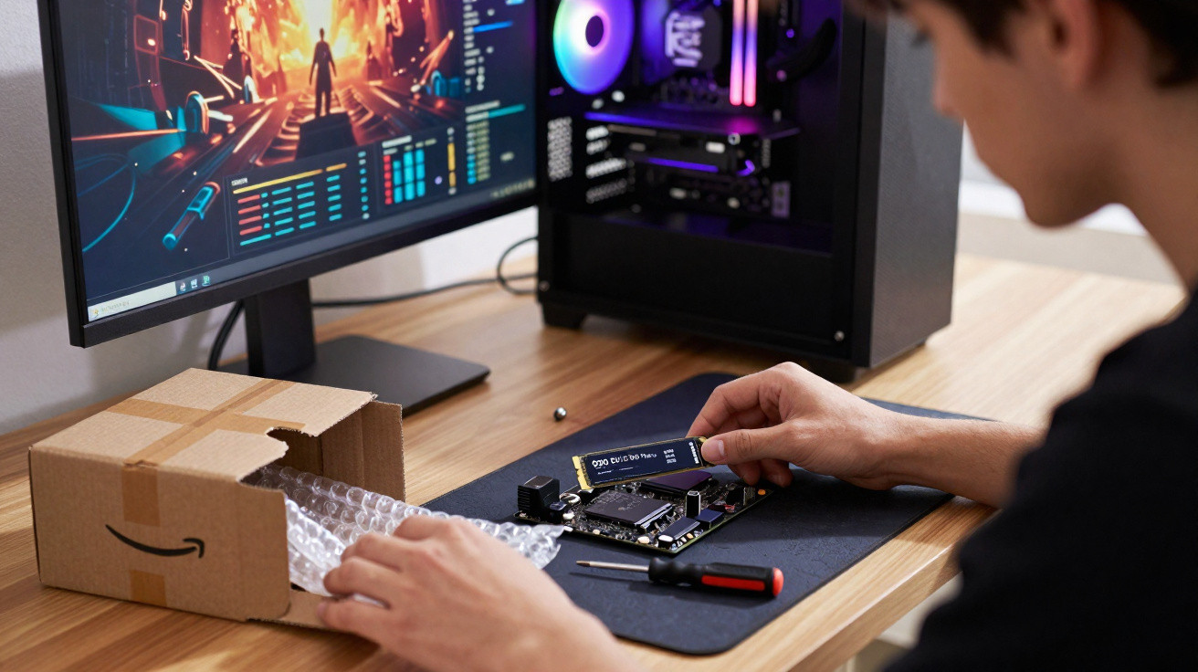 Pessoa instalando um SSD em computador com monitor ligado e caixa de papelão na mesa.