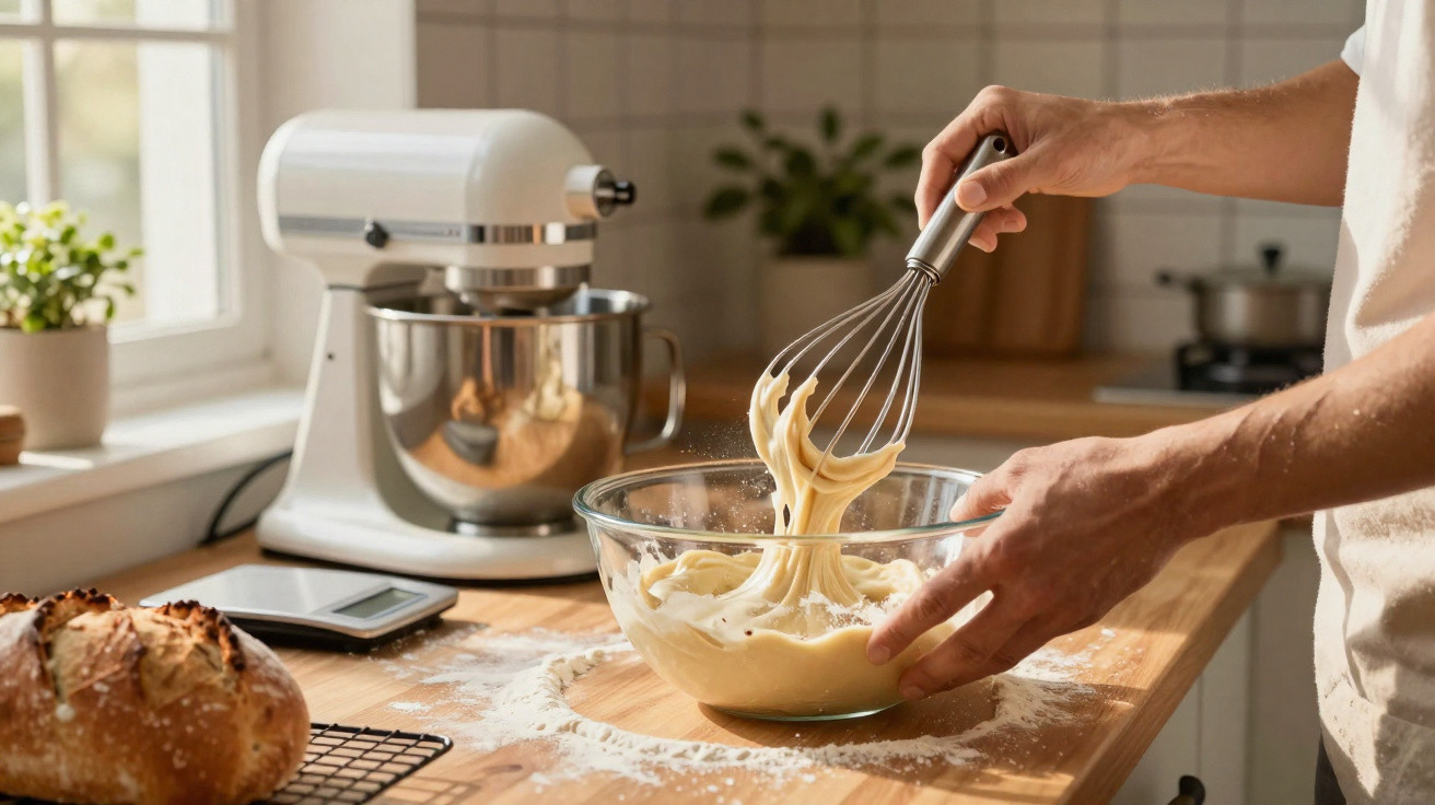 Pessoa mexendo massa com batedor em tigela de vidro na cozinha com pão e batedeira ao fundo.