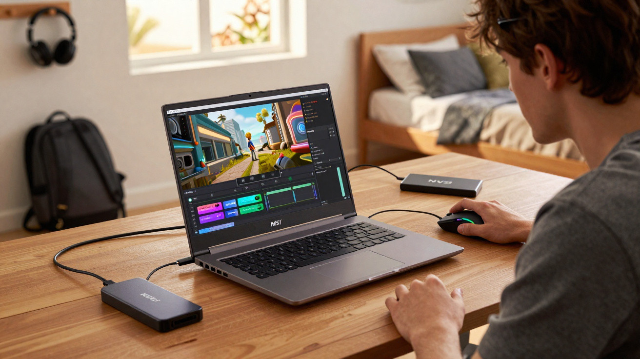 Pessoa usando laptop MSI para editar vídeo de animação em ambiente doméstico claro com mochila e fone ao fundo.