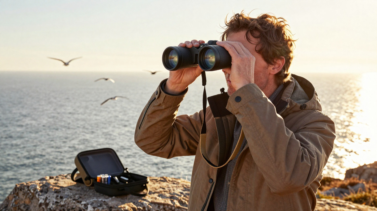 Homem com jaqueta marrom usando binóculo para observar o mar ao pôr do sol, com gaivotas voando ao fundo.