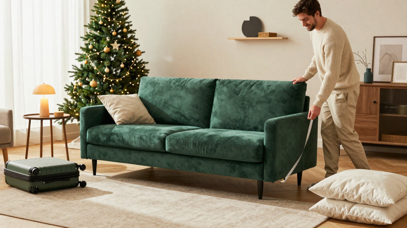 Homem medindo sofá verde com fita métrica em sala decorada com árvore de Natal iluminada.