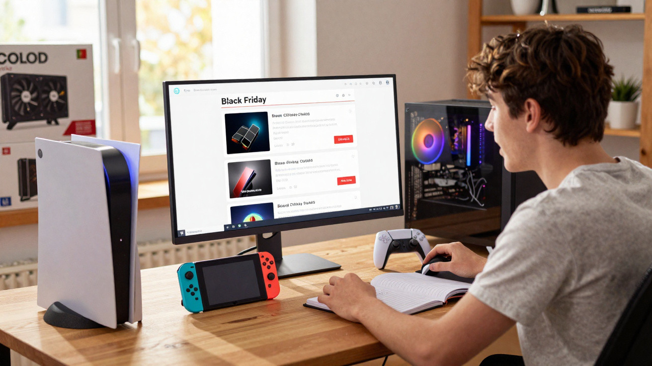 Jovem sentado à mesa usando computador para pesquisar promoções de Black Friday, com consoles de videogame ao redor.