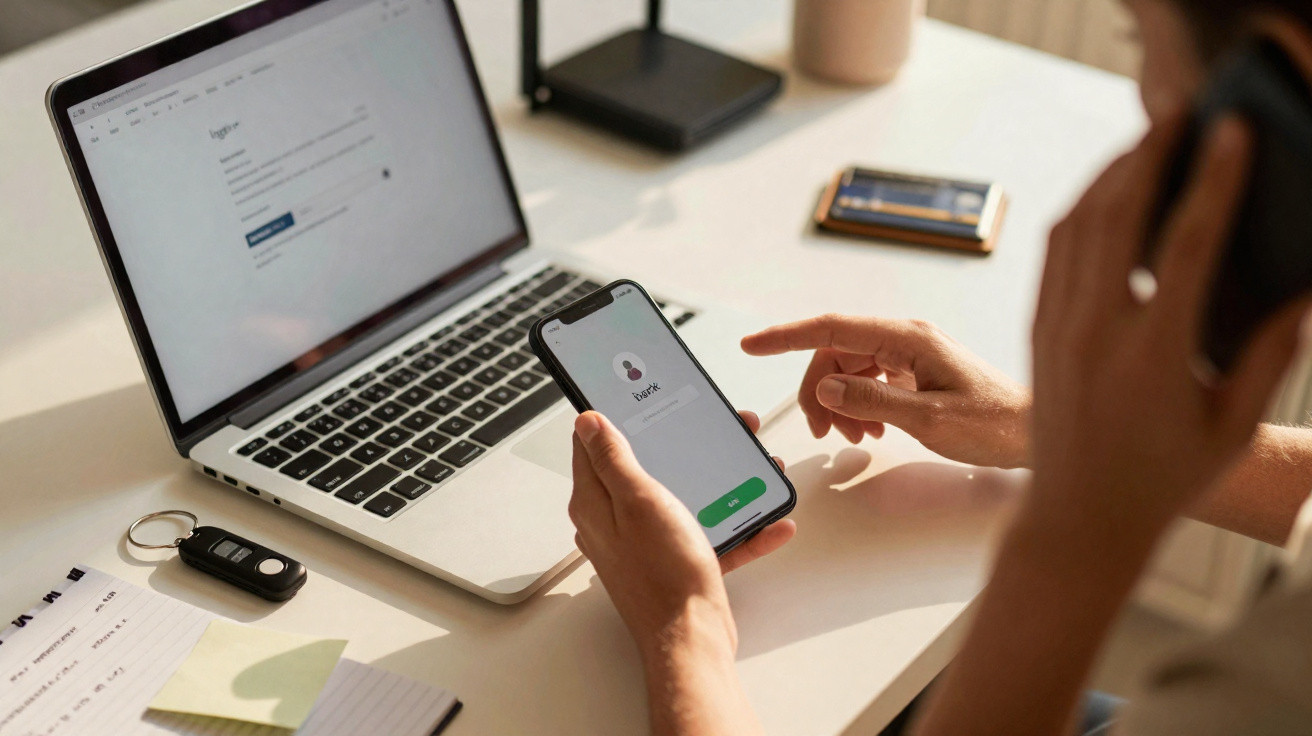 Pessoa segurando celular com tela de login, usando laptop aberto em mesa com documentos e chaveiro.