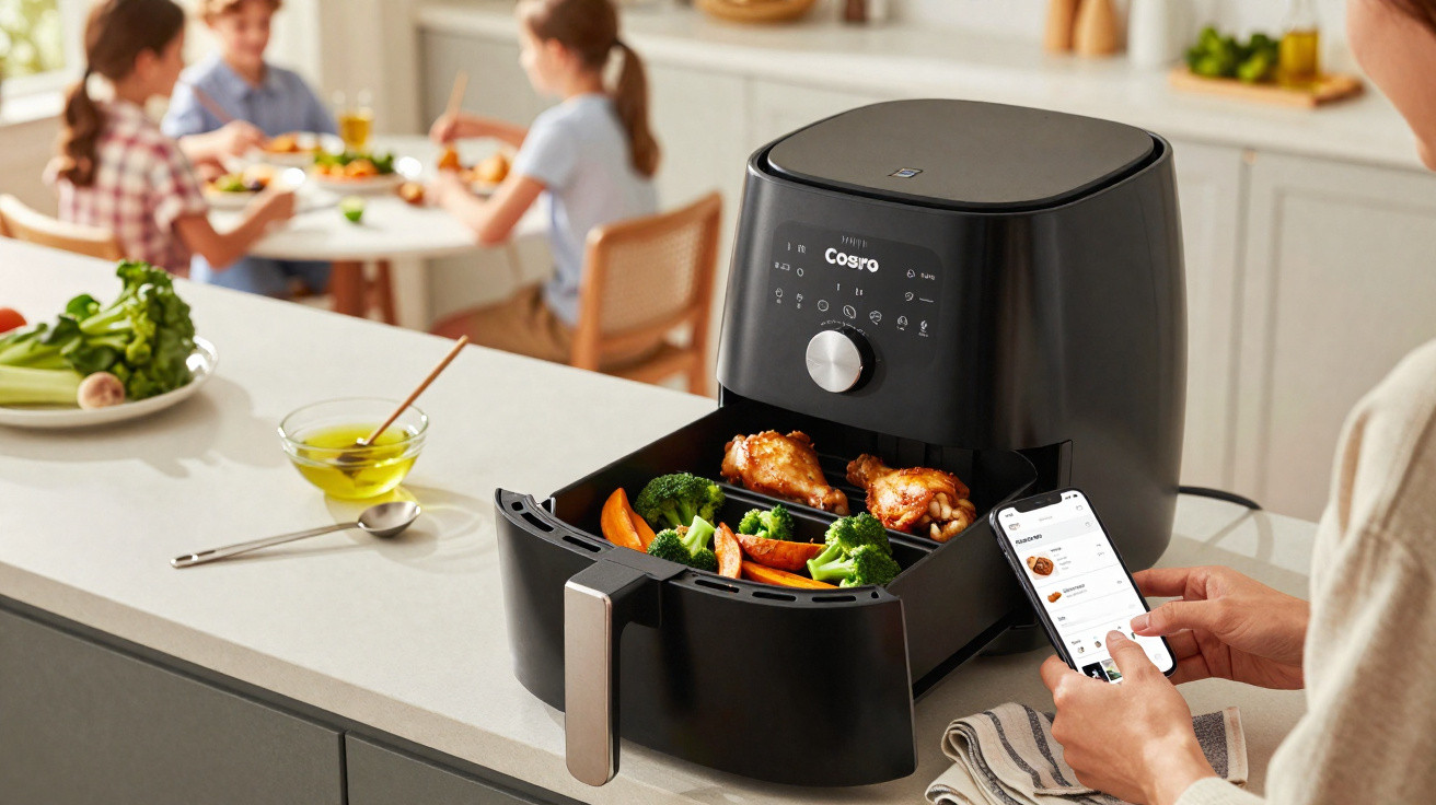 Pessoa usando smartphone para controlar air fryer preta com legumes e frango, família comendo ao fundo na cozinha.