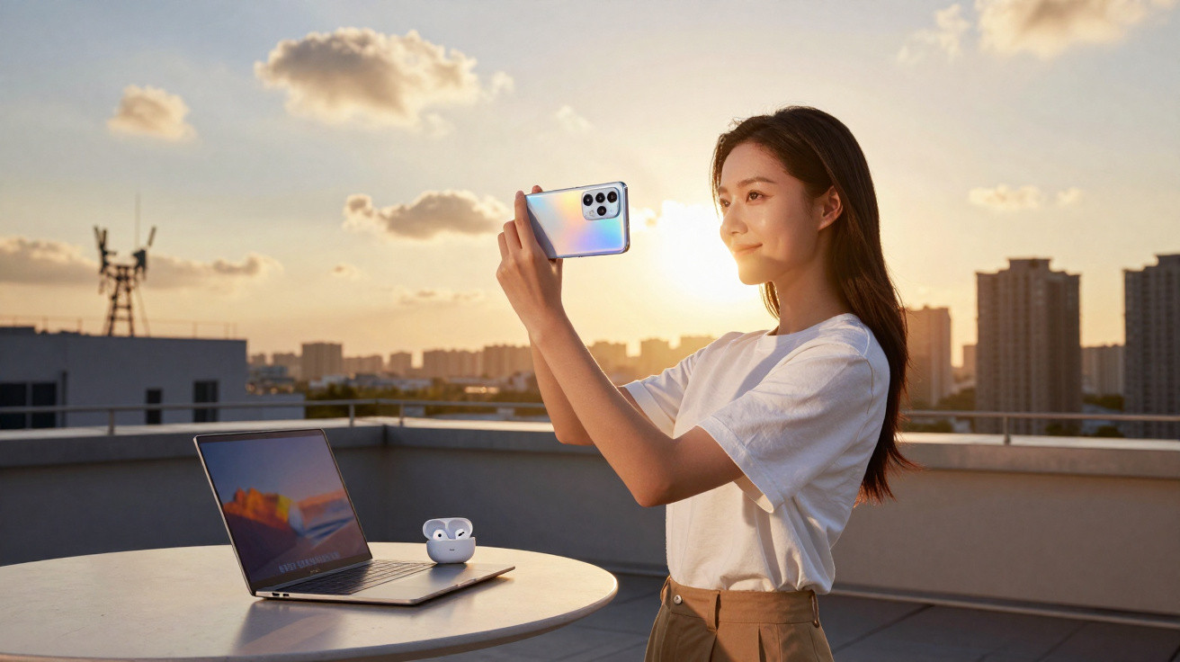 Mulher sorrindo tira selfie com smartphone ao pôr do sol, mesa com notebook e fones sobre ela.