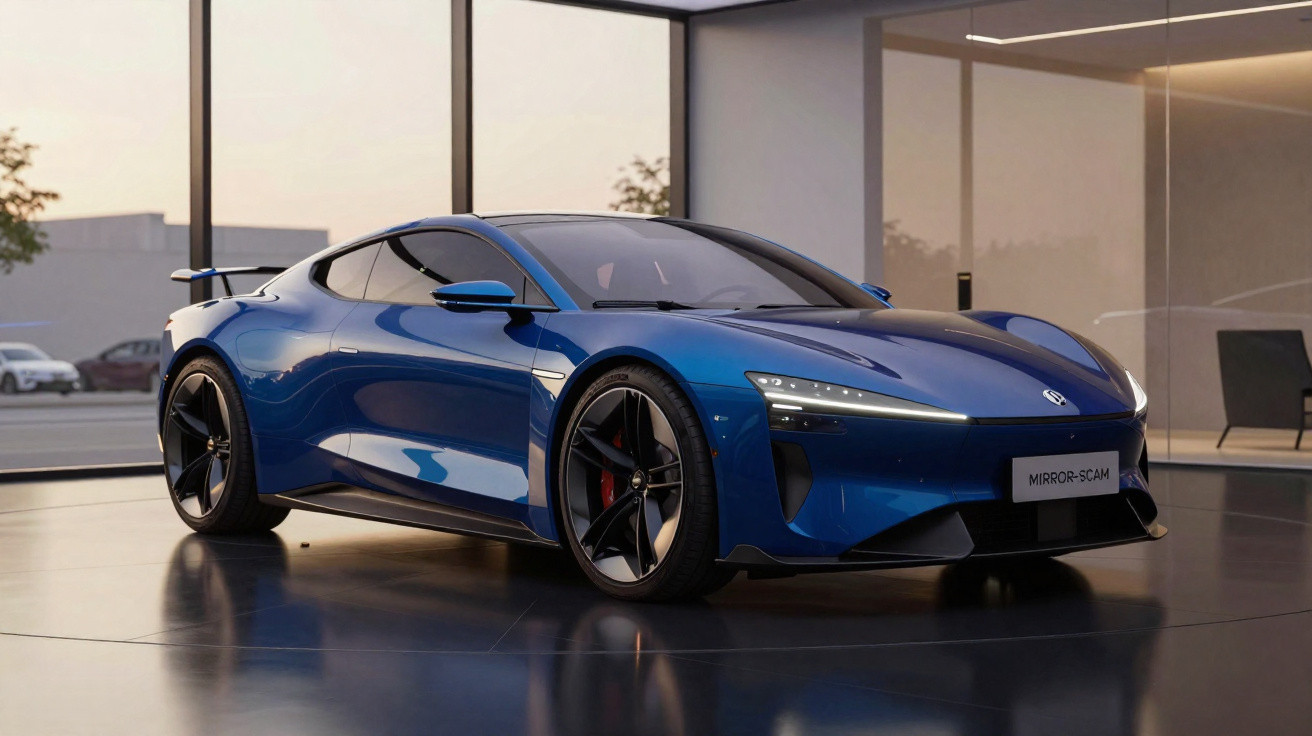 Carro esportivo azul com design moderno e aerodinâmico em ambiente interno iluminado.