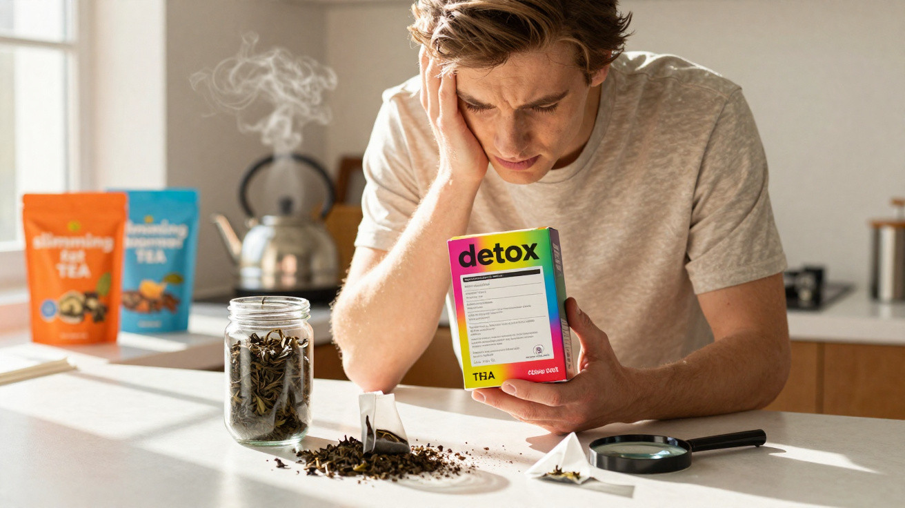 Jovem observando embalagem de chá detox com expressão preocupada em cozinha iluminada.