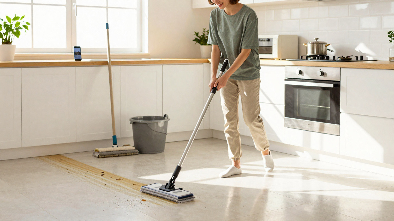 Pessoa limpando o chão da cozinha iluminada enquanto usa um mop úmido e veste roupa casual.