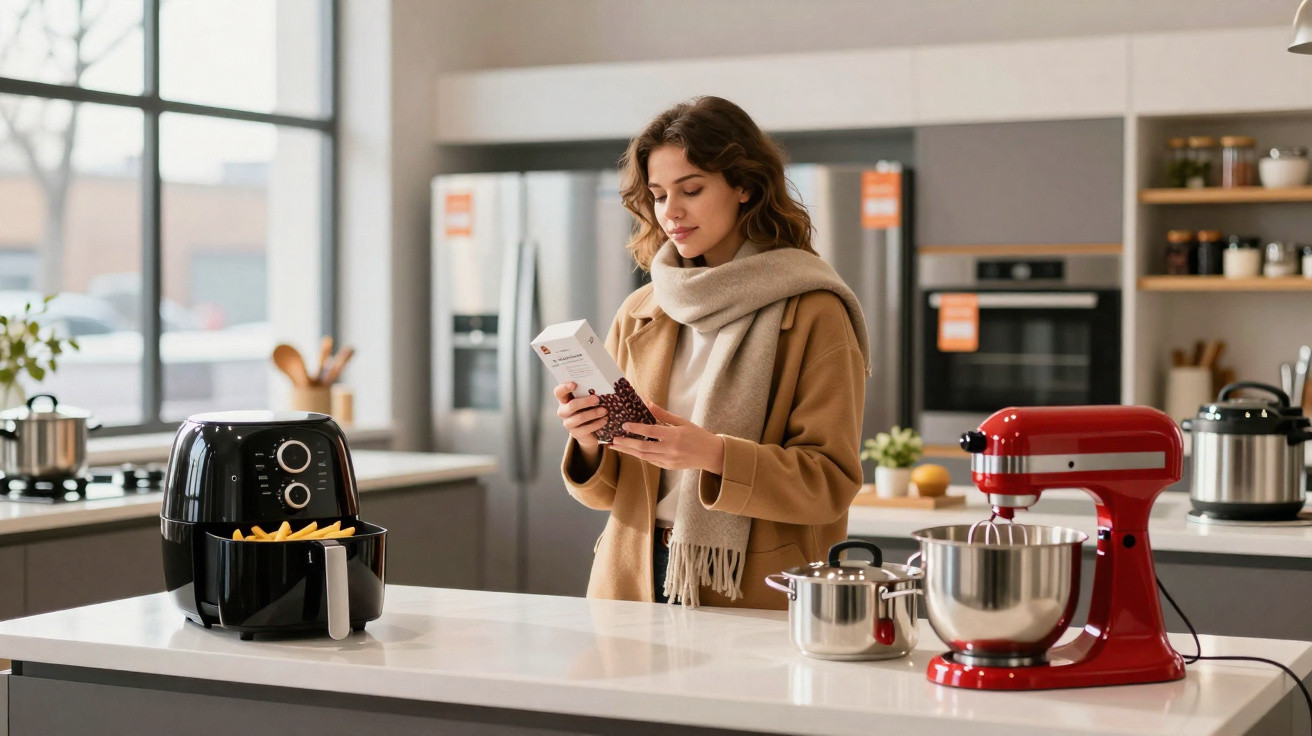Mulher em cozinha moderna segurando embalagem, com air fryer, batedeira e panelas sobre bancada branca.