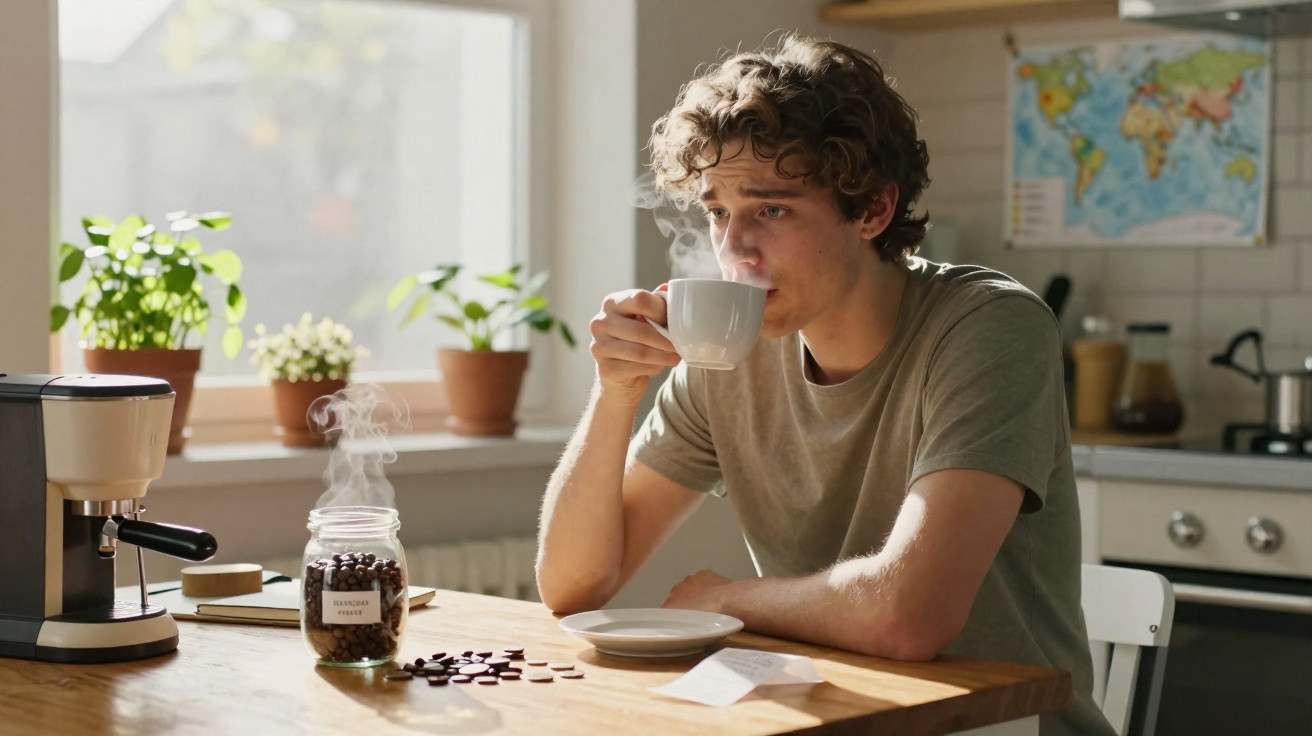 Jovem sentado à mesa da cozinha bebendo café quente, com cafeteira e pote de grãos na mesa.