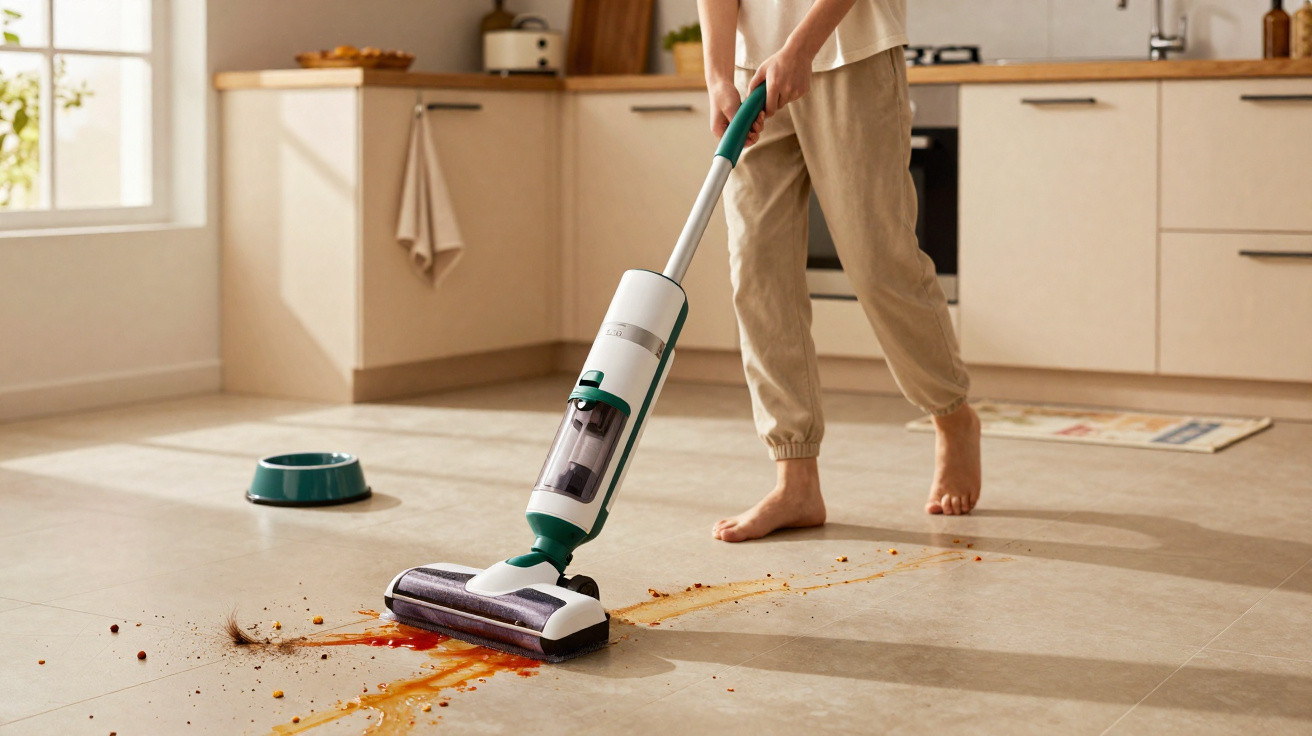 Pessoa usando aspirador para limpar líquido e sujeira do chão da cozinha.
