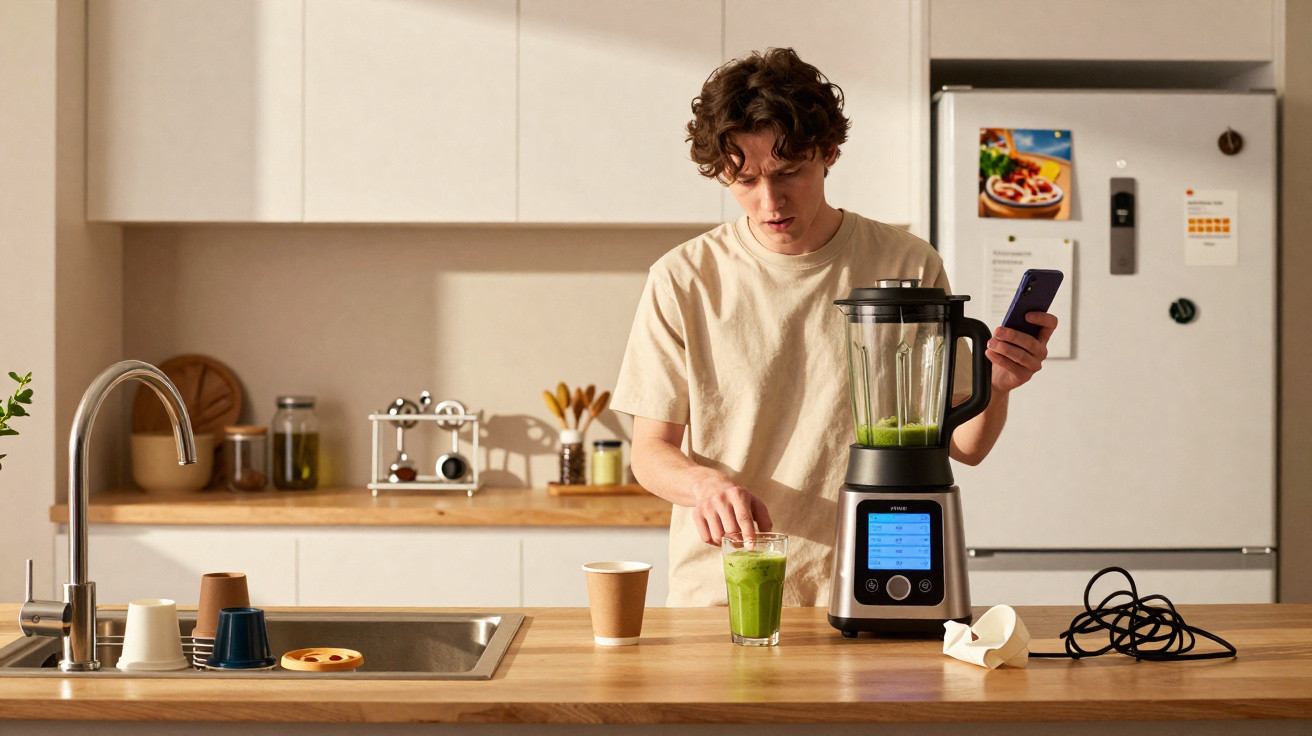 Jovem faz suco verde na cozinha usando um liquidificador inteligente enquanto segura um celular.