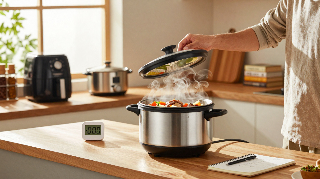 Pessoa abrindo panela elétrica com comida cozinhando na cozinha moderna iluminada.
