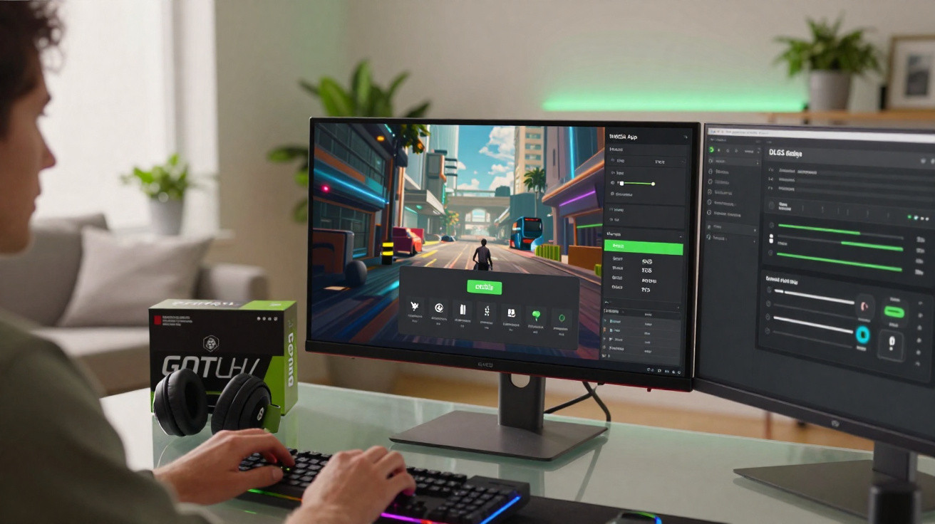 Pessoa usando computador com dois monitores exibindo interface de jogo e configurações em ambiente doméstico.