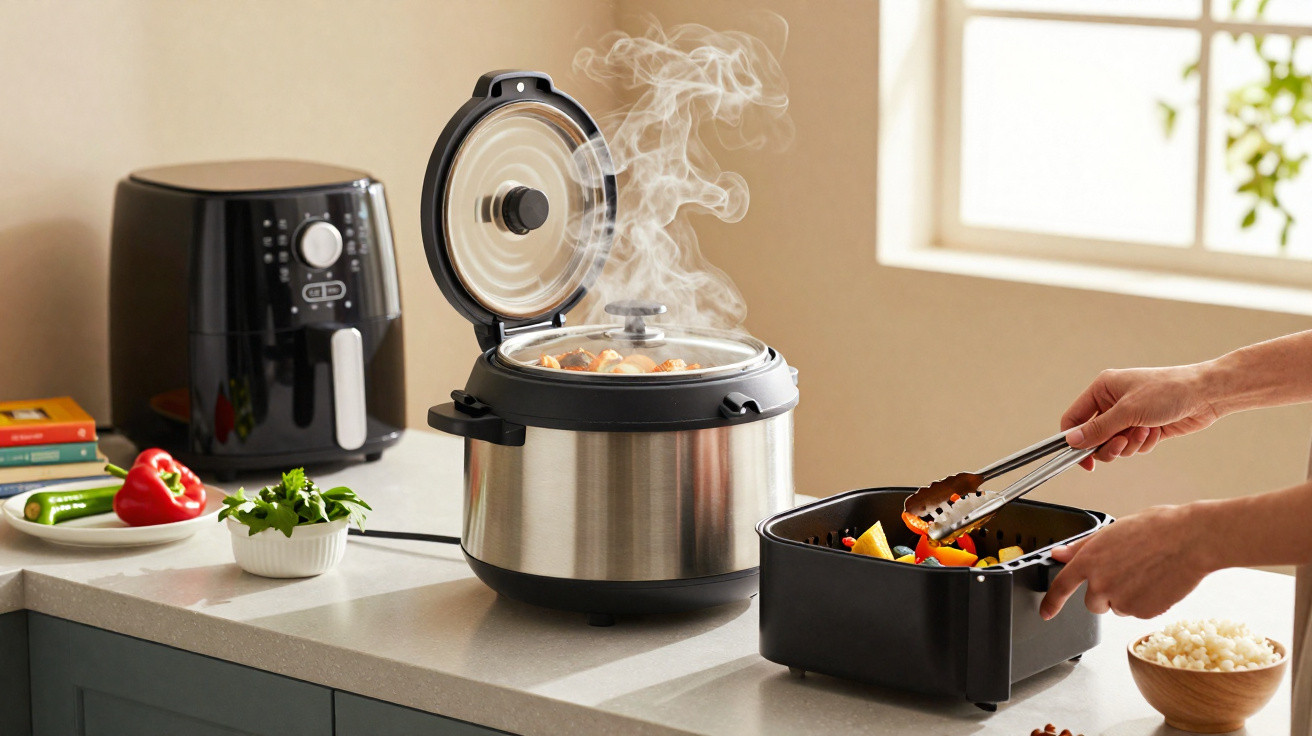Panela elétrica com vapor saindo e mãos colocando legumes na cesta de air fryer em bancada de cozinha.