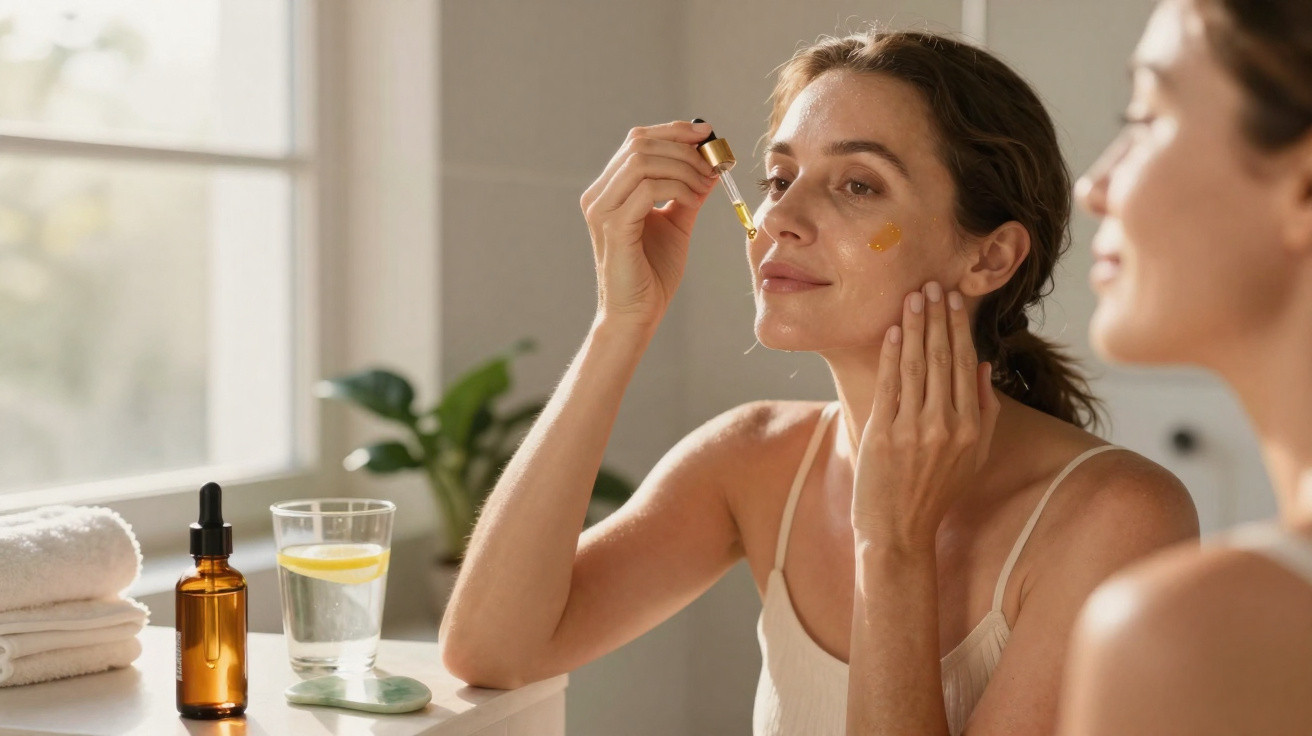 Mulher aplicando sérum facial com conta-gotas em ambiente claro, ao lado de toalhas e copo com água e limão.