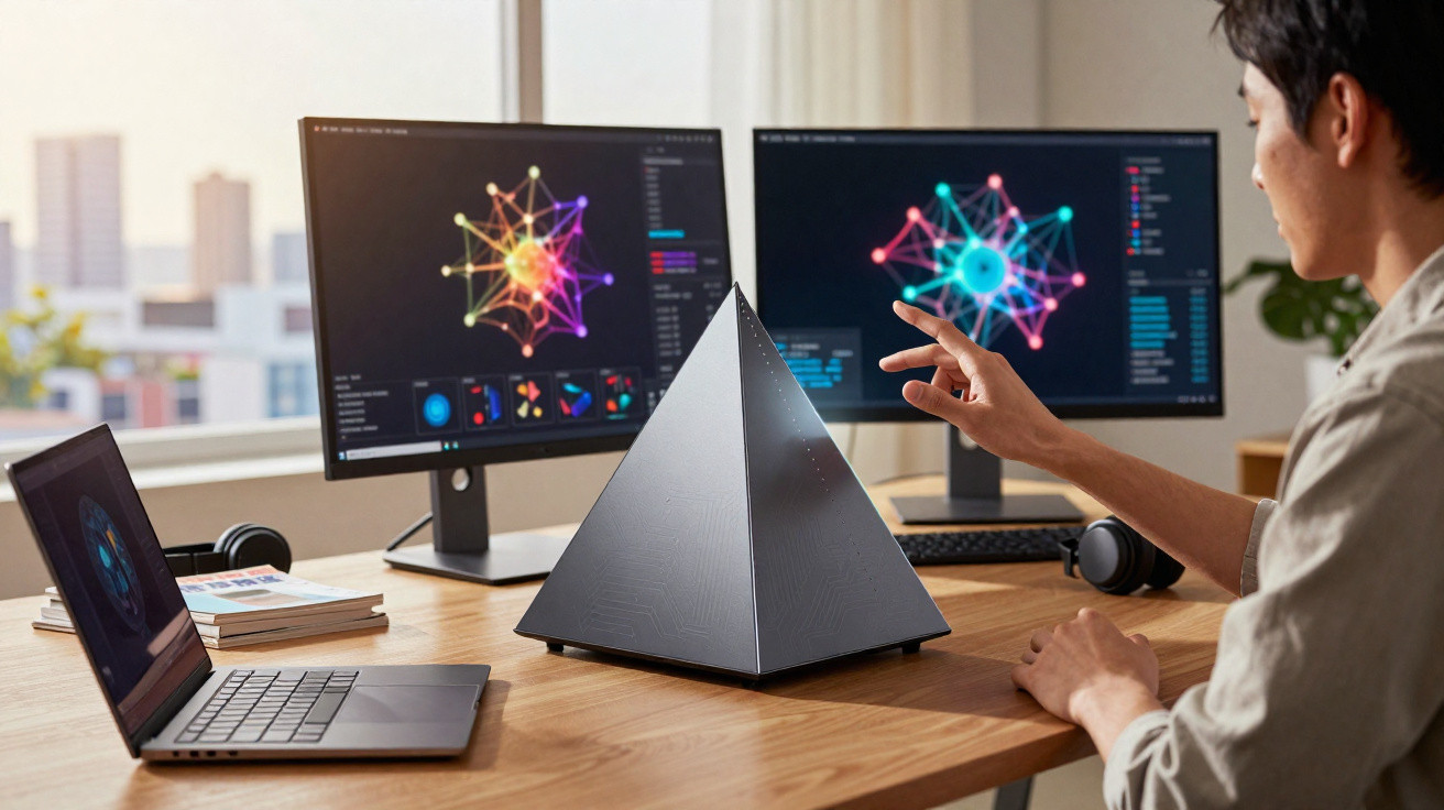 Pessoa interagindo com dispositivo piramidal em mesa com laptop e dois monitores exibindo gráficos coloridos.