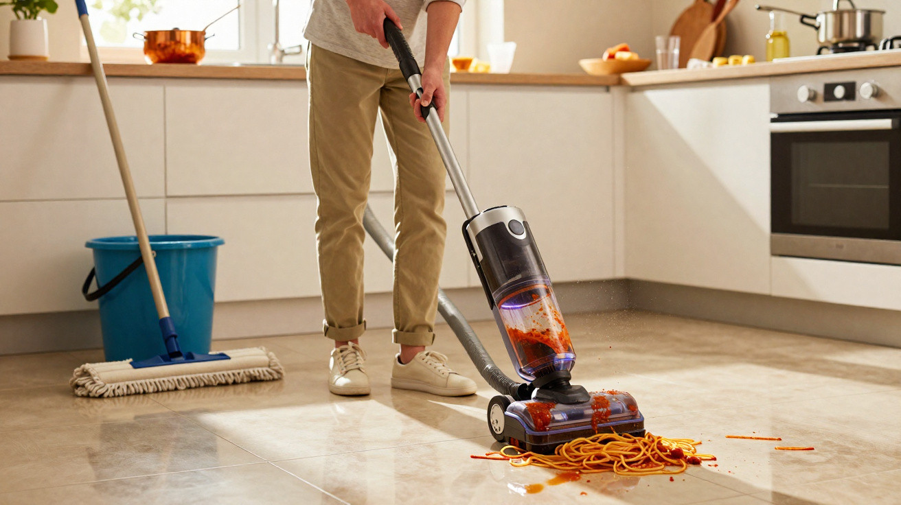 Pessoa usando aspirador para limpar macarrão e molho derramados no chão da cozinha moderna.