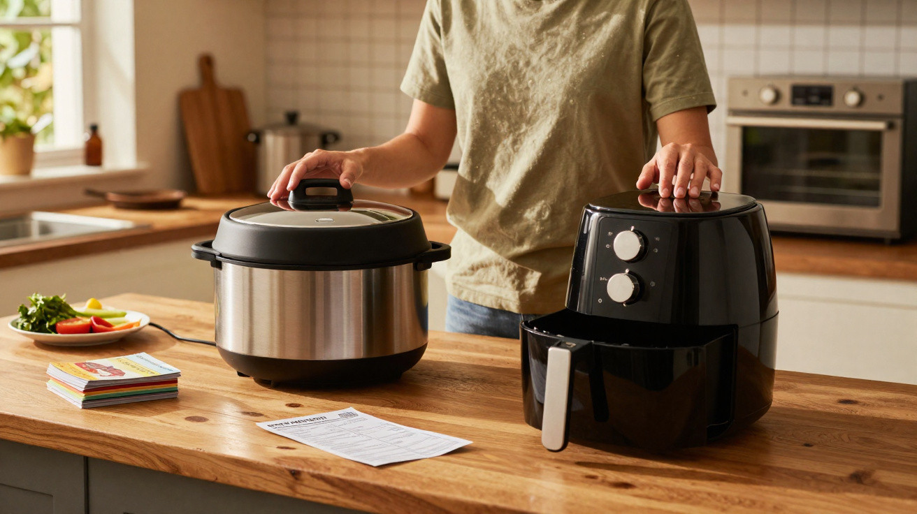 Pessoa em cozinha segurando panela elétrica e air fryer sobre bancada de madeira.