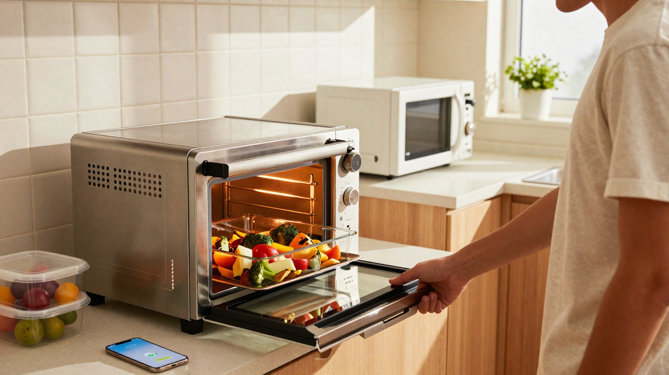 Pessoa colocando uma travessa com legumes em forno elétrico na cozinha moderna.