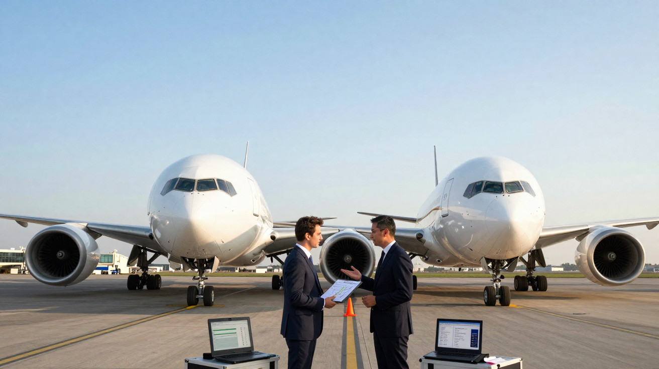 Dois homens de terno conversam na pista do aeroporto com dois aviões brancos estacionados ao fundo.