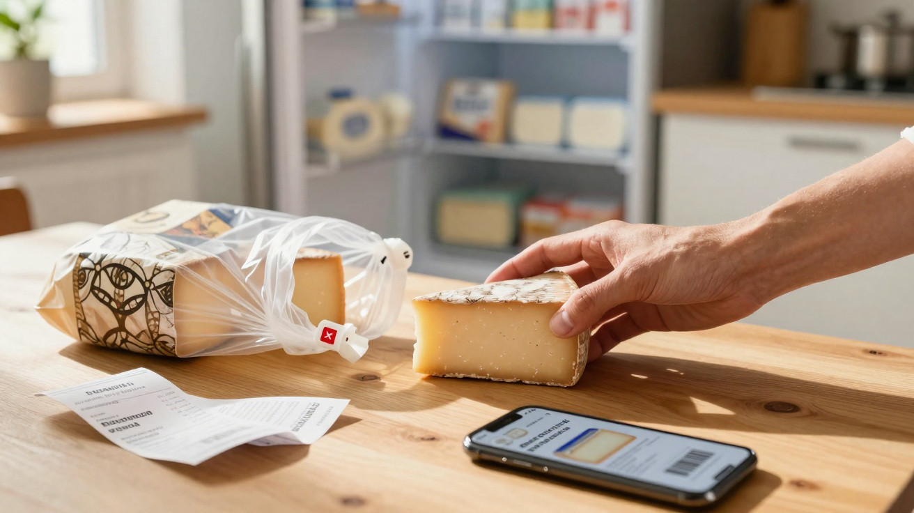 Mão segurando pedaço de queijo sobre mesa com queijo embalado, recibo e celular com código de barras.